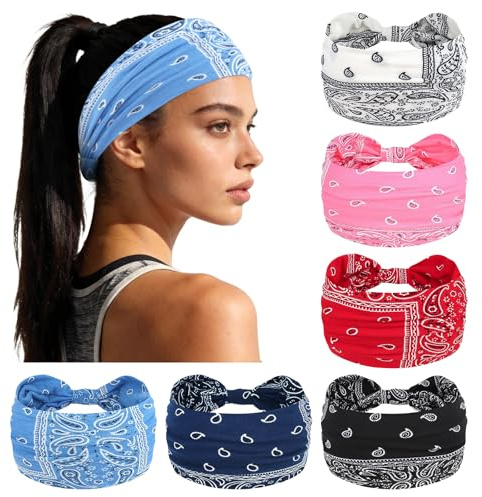 YARIEW Boho Wide Bandana Headbands - Stretch Knotted Elastic Head Wraps for Women, Yoga, Workout, and Hair Accessories (6 Pack)