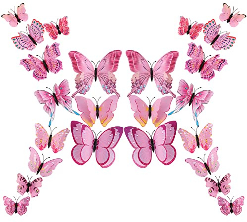 24 Stück 3D-Schmetterlings-Wanddekoration, Doppelschicht-Stereo-Schmetterlings-Wandaufkleber, abnehmbar, ideal für Partydekorationen zu Hause (Rosa)