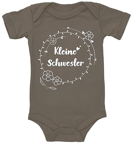 Blauer-Storch Baby Body in Camouflage Kleine Schwester, Blumenkranz Spruch Geschenk zur Geburt zum Geburtstag für Kleinkind Kurzarm Bio Baumwolle