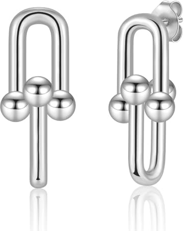 Sterling Silver Studs Earrings for Women, Dainty Silver Gold Twisted Linear Studs Earrings | Hypoallergenic Linked Chunky Large Earring Jewellery Gifts for Ladies Girls
