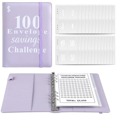 Jakiro 100 Umschläge Geld sparen Herausforderung Binder, Cash Envelopes Money Saving Binder, A5 Envelope Money Challenge Binder to Save $5.050 (Lila)