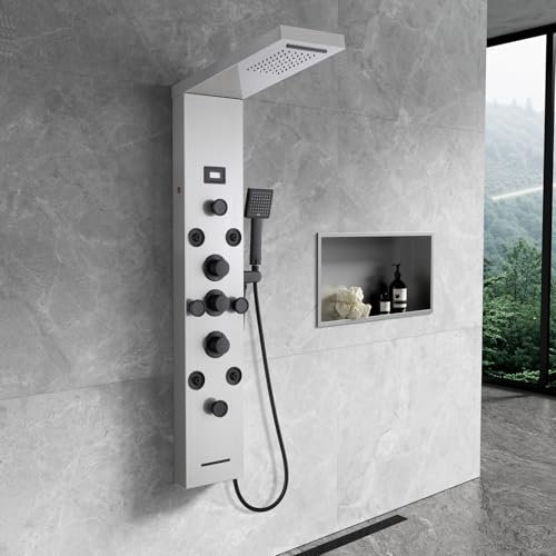 KEOKBON Panel de ducha LED 6 en 1, sistema de ducha de acero inoxidable 304 con pantalla LCD de temperatura, cascada y ducha de lluvia, 8 ducha de masaje, ducha de mano, entrada de bañera, acero