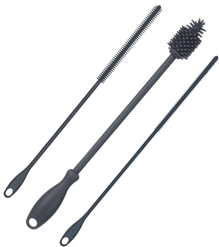 3pcs Straw Cleaner and Bottle Brush for Cleaning, Hanging Straw Brush Silicone BPA-Free Long Bottle Cleaning Brush Reusable Bottle Washing Accessories for Jars Tumblers (Gray)