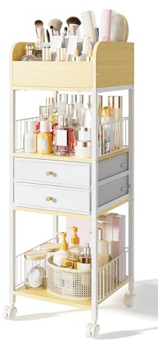 Makeup Organizer Storage Rolling Cart, Floor Bathroom Organizers with Drawers Wheels, Versatile Skincare Perfume Hair Nail Accessories Vanity Craft Organizer, for Dorm Kitchen Home White Metal Wood