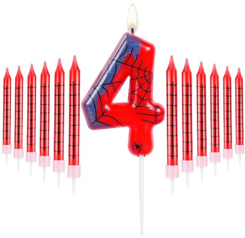 URAQT Birthday Candle 3D Shape, Blue Red Candles with Spider Web, Spider Birthday Number 4 Candle Decoration,Suitable for Spider Theme Birthday Anniversary Wedding Party Graduation Party