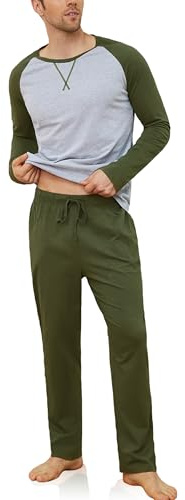 Reliwel Pyjamas herr lång bomull pyjamas herr tvådelat set raglan långärmad skjorta & pyjamasbyxor med ficka nattkläder män hemmadräkt sovkläder, Grön grå, XL