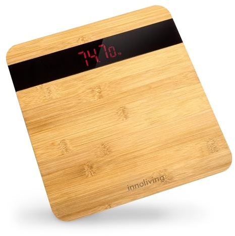 Innoliving Bilancia Digitale Pesapersona in Bambù, Design Naturale ed Elegante, Display LCD, Precisione Elevata fino a 180kg, Tecnologia Step-On, Spegnimento Automatico (INN-151)