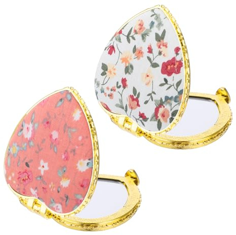 YUXIANLB 2 Stück Kompaktspiegel die Handtasche Vintage Doppelseitige Blumen Make-up Spiegel Tragbarer Reise Kosmetikspiegel Frauen Mädchen Herz Faltbarer Mini Handspiegel für die Tasche (Rosa, Weiß)
