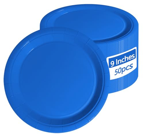 APUXXJUPA 50 Stück blaue Pappteller – 23 x 23 cm, strapazierfähige runde blaue Essteller für Geburtstage, den täglichen Gebrauch, Jubiläen und Picknicks