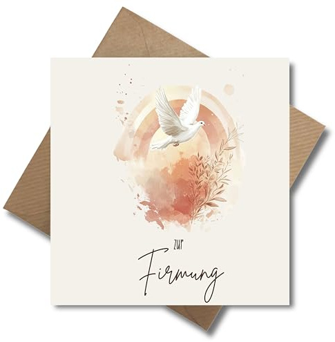 WBdesignz Glückwunschkarte zur Firmung mit Umschlag – moderner Aquarell-Look mit weißer Taube und Regenbogen – christliches Motiv, Christentum.– Firmungskarte für Mädchen und Jungen (125 x 125 mm)