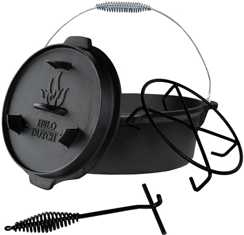 Dutch Oven Set Gusseisen 1,8L-13,6L – Feuertopf mit Deckelheber, Schmortopf mit & ohne Füße, Schlitz für Themormeter, inkl. Kochbuch – Perfekt für BBQ Indoor & Outdoor (ohne Füße, 13,6L - O6)
