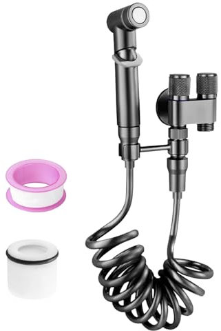 Doccetta per Bidet, Uno Dentro e due Fuori, Doppie Uscite e Doppi Interruttori Doccino per WC, Staffa Girevole a 360°, Dotato di Tubo Doccia da 1,4 m, Adatto per Bagni e Toilette (nero)