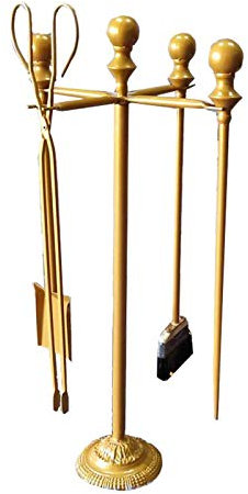 5-teiliges Kaminbesteck-Set mit Gestell, Schaufel, Bürste, Schürhaken und Zange, für den Innen- und Außenbereich, Robustes Metall, Gold
