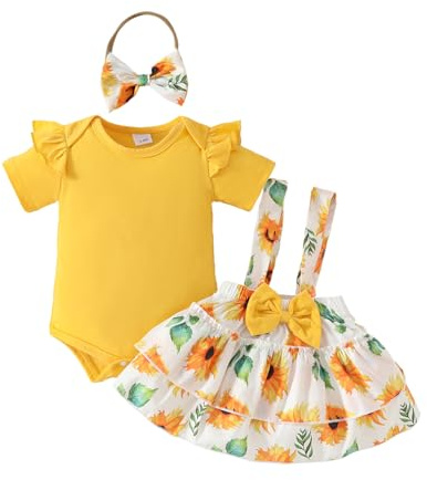 LUVCES Neonata Gonne Set Maniche Corte con Volant Pagliaccetto Top + Tuta Stampata Abito con Bretelle +Fascia per Capelli Set di Abiti Estivi Completo Girasole giallo 12-18 Mesi
