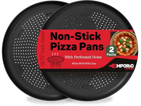 Emporio Kitchen Non-Stick Pizza Pan 2 Pack – 16 Inch Round Carbon Steel Pizza Tray with Perforated Holes, PFOAPFOSPTFE-Free, Dishwasher & Oven Safe Up to 450°F, Durable Nonstick Gray Coating