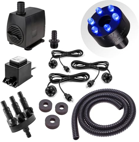 CLGarden Springbrunnen Pumpe Set mit 3x LED Beleuchtung blau für Wasserspiel Säulenbrunnen Kugelbrunnen Schlauch Wasserverteiler 1300 L/H