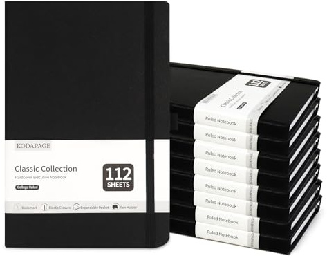 KODAPAGE A5 Journal Notebooks liend for Work, Leather Notepad Hardback for Writing, Diary,Taking Notes, Organizing Schedules, Teaching, and Studying 224 Pages-Black (8 Pack)