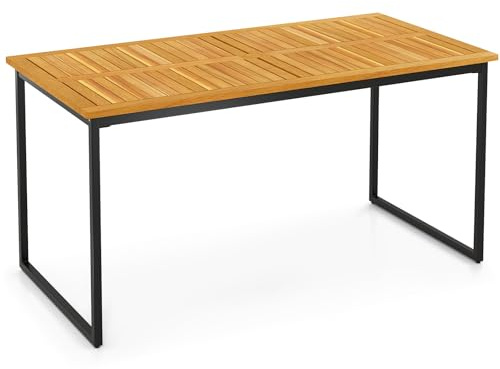 GOPLUS Table Salle Manger Exterieure 140 CM, Grande Table Jardin en Bois Acacia 6 Personnes avec Plateau Lattes, Trou pour Parasol de 5 CM, pour Balcon (Pieds Carré Noir,70x140x73CM|6 Personnes)