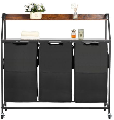 VEVOR Trieur de Linge 2 Niveaux, Panier à Linge sur Roulettes 3 Compartiments, avec Cadre en Métal, Plateau en Bois, Étagère et Sacs en Tissu Oxford 600D, pour Vêtements Sales, Buanderie Blanchisserie