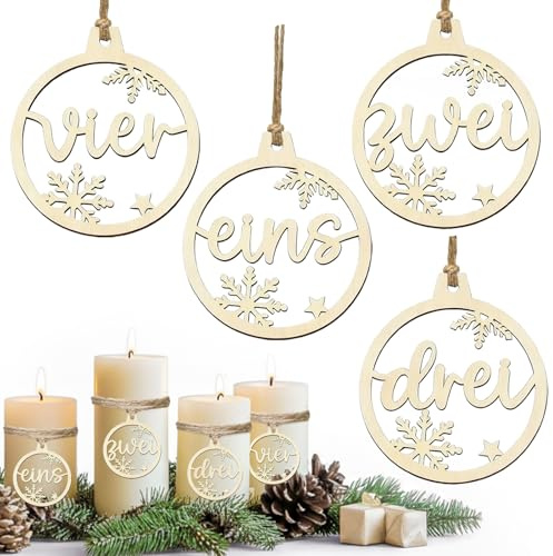 Adventskranz Zahlen Holz, Adventszahlen 1-4 für Kerzen, Holzanhänger Rund Ø5cm, Advent Kerzenzahlen 1 2 3 4, Weihnachtsdeko für Adventskerzen & Kerzenhalter