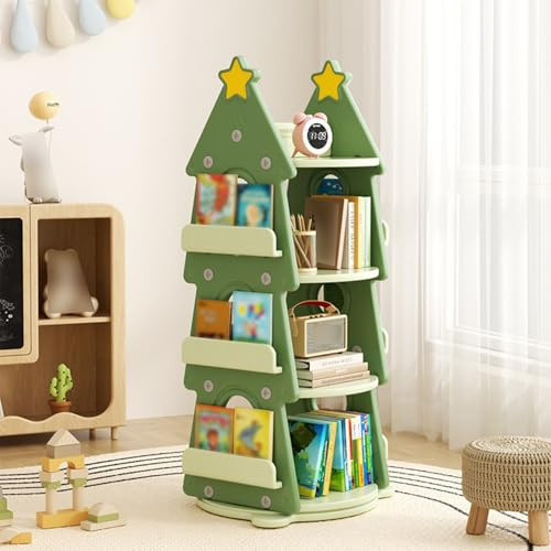 KCCRHIN Libreria per Bambini, Scaffale Girevole A 4 Ripiani, Organizer per Bambini A Forma di Albero di Natale, Scaffale Angolare per Libri E Giocattoli, per Cameretta dei Bambini,Verde