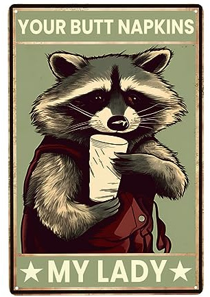 El Pequeño Mapache Le Entrega Una Servilleta A Una Dama Pared Muestra Placa Divertida Cartel De Chapa Retro Carteles De Pared De Metal para Hogar Pub Garaje