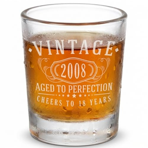Spotted Dog Company Vintage 2008 Etched 2.5oz Shot Glass – Happy 18th Birthday Gifts, Decorations Men Women Guy, Turning 18 Year Old, Bday Party Favors Supplies, Finally 18 Best Gift Idea Son 1.0