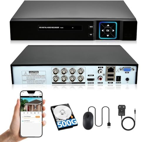 8 Channel Security DVR Recorder With 500GB HDD, 6-in-1 CCTV DVR for Surveillance, Supports 8ch for Camera Home Surveillance System, for Analog AHD, TVI, CVI, CVBS, XVI, IPC 5MP Mobile APP PC Remote
