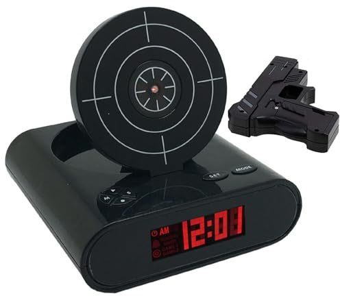 Väckarklocka med pistol och måltavla, LED-display, 2 larmlägen, anpassning av ringsignal, för hem, kontor, vardagsrum (svart)