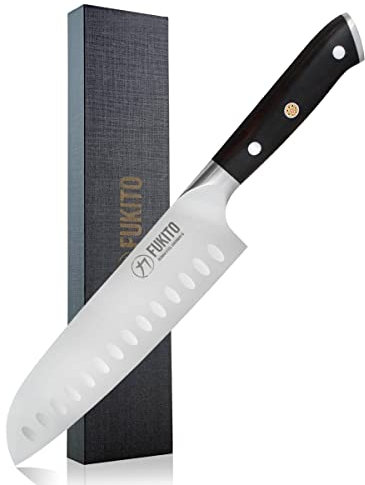 Fukito - Couteau Santoku Design Japonais Lame 18cm Alvéolée Acier Inoxydable Allemand X50 Manche En Bois d'Ébène - Vendu Dans Un Coffret Cadeau