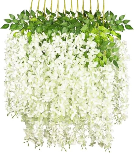 Tifuly Enredaderas de glicina Artificial, 3.6 pies Ratta Wisterias Falsas Guirnalda de Pared Larga Flor Colgante de Seda para la Boda de la Fiesta en el hogar (3 Ramas * Paquete de 12, Blanco Hueso)