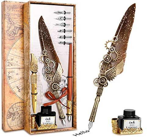 Quill Pen Calligraphy Set, Antique Mechanical Steampunk Style Feather Pen Includes 1 Wooden Dip Pen, 8 Nibs, 1 Bottle of Ink, 1 Letter Opener, 1 Base (Gray)