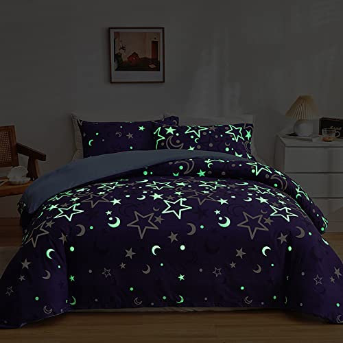 GETIYA Moderna ropa de cama de microfibra suave de 155 x 220 cm, diseño de estrella, luna, que brilla en la oscuridad, color morado y lila, ropa de cama para niñas y mujeres, funda de edredón