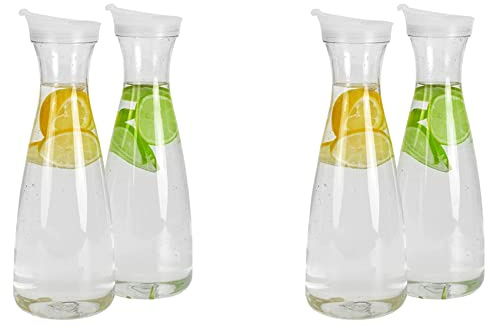 Fegtrty Lot de 4 carafes à en plastique de 1 L avec couvercles à languette blanche - Pichets incassables de qualité alimentaire et recyclables - Bocal à jus