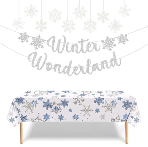 Winter Wonderland Banner, Schneeflocken Tischdecke, Weiß Schneeflocken Deko, Schneeflocken zum Aufhängen, Weihnachten Deko, für Weihnachten Winter Geburtstag Babyparty Party Dekor (A)