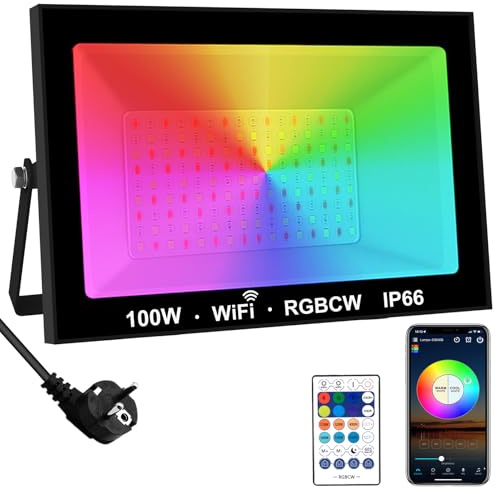 T-SUNUS Foco LED RGB Exterior, 100W Proyector RGB Jardin con APP WiFi Bluetooth y Mando, Impermeable IP66, 16 Millions Colore DIY, Temporizador para Fiesta Terraza Bar Navidad Halloween