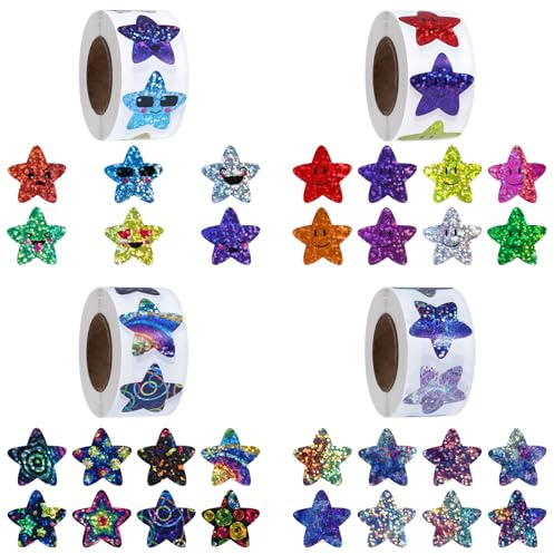 4 rullar 2 000 stycken glitterklistermärken stjärnor belöningssystem, 2,5 cm glitter klistermärken stjärnor barn, klistermärken stjärna färgglada självhäftande glitterstjärnor att klistra på för