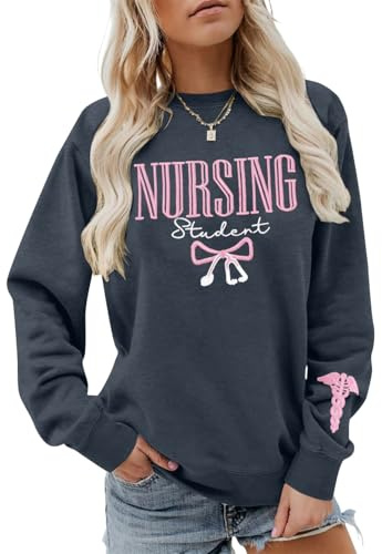FASHGL Women Nurse Sweatshirt Registered Nurse Pullover Shirts Nurse Life Letter Print Shirt Nursing School Long Sleeve Tees