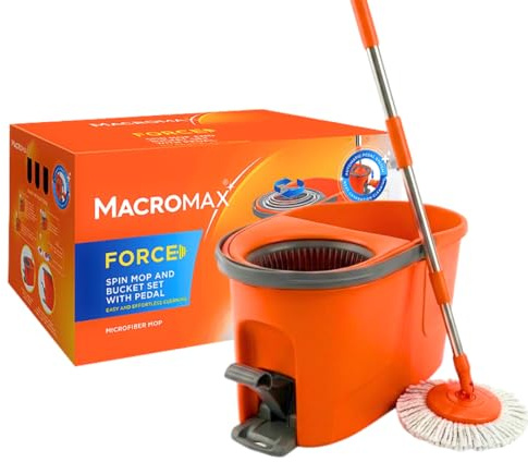 MACROMAX FORCE Spin Mop and Bucket Set with Foot Pedal – 360° Microfibre Mop, Hands-Free Pedal Wringer, Telescopic Handle up to 128cm Multi-Surface Floor Cleaning for Hardwood, Tile, Laminate & Vinyl