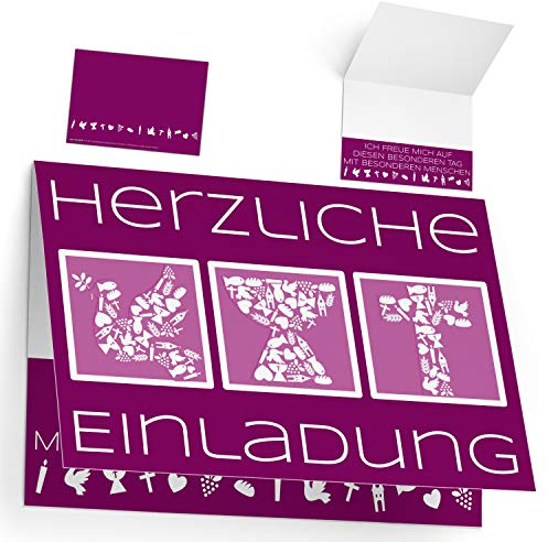XL-Set 25 Einladungskarten zur Konfirmation Kommunion Taufe SYMBOLE - edle Klappkarten in Purpur für Mädchen Jungen Einladung Karten von BREITENWERK