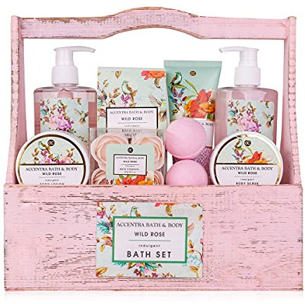 accentra Coffret cadeau - Ensemble de bain et de douche Vintage Florals au parfum de rose sauvage - Ensemble cadeau de 8 pièces dans un panier décoratif en bois au look shabby