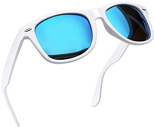 Joopin Fashion Square Solglasögon Herr Polariserade Retro Rektangulära Solglasögon UV400 Dam Spegel Stor Polarized Sunglasses for Men and Women för Utomhus Vandring Fiske Golf Vit Ram Blå Linser