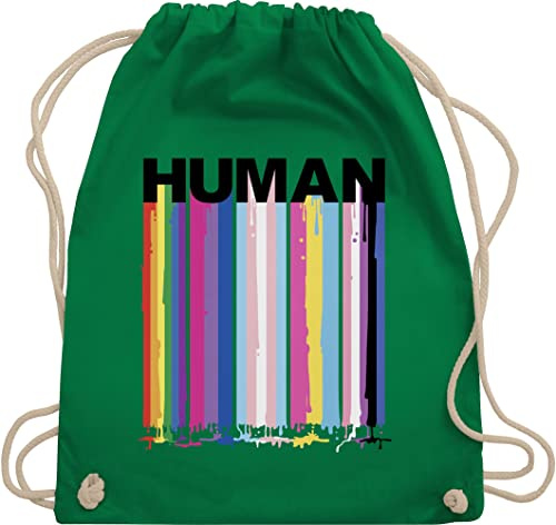 Turnbeutel Rucksack - LGBTQ Kleidung Pride Flag - HUMAN Blockschrift Regenbogen Farben Tropfen - Unisize - Grün - lgbtq-tasche lgbt queer stoffrucksack lgbtq+ beutel csd rainbow beutelrucksäcke