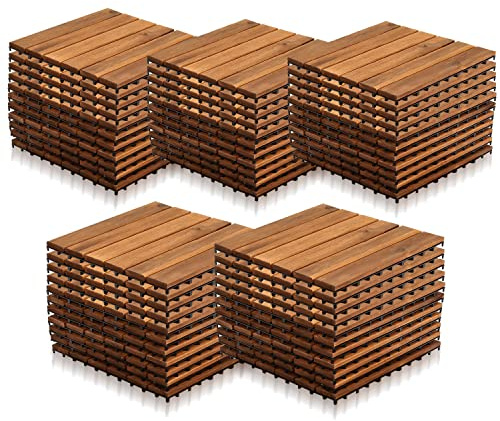 Yakimz Lot de 55 dalles en bois d'acacia - 30 × 30 cm - 1 m² par carrelage de sol - Revêtement de sol extérieur et intérieur - Balcon avec système de drainage et système de clic - Marron