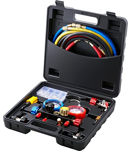 VEVOR Juego de Manómetros 4 Vías para Carga de Refrigeración R134A R22 R12 R410A Manguera de Recarga de Refrigerante de con Manómetro y Adaptador Caja de Refrigeración para Refrigerante