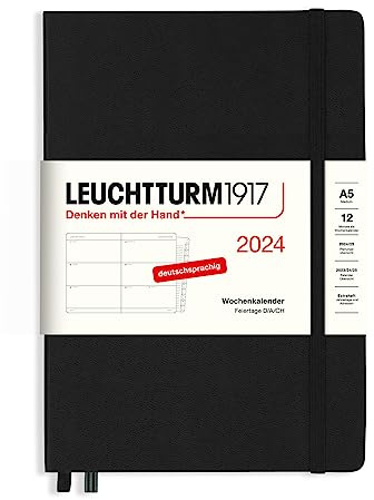 LEUCHTTURM1917 367621 Wochenkalender Medium (A5) 2024, mit Extraheft für Adressen und Jahrestage, Schwarz, Deutsch, 12 Monate