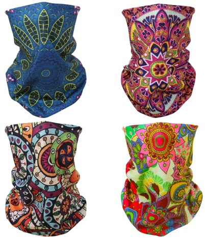 SMEHCF 4 Mehrzweck Bandanas für Damen Herren Stirnband Sturmhaube Haar Kopftuch Gesicht Halbmaske Halsmanschetten atmungsaktiv wiederverwendbar waschbar Bohemian Stil Rot Blau Gelb