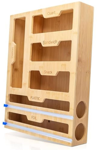 BURLOE Bambus Ziplock Beutel Aufbewahrungs Organizer, 6-In-1 Für Küchenschubladen Natur Folienschneider Mit Schneider Küchen Sandwich Snackbeuteln,1