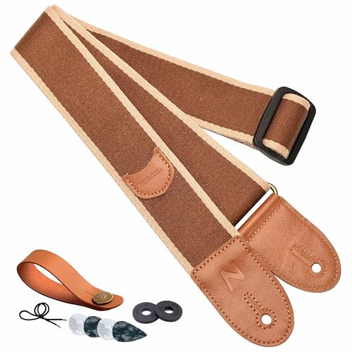 Nefelibata Guitar Strap, Cotton Full Grain Leather Ends Guitar Straps with Pick Pocket for Bass, Electric & Acoustic Guitar, Come with Free Strap Button, 1 Pair Strap Locks and 4 Guitar Picks