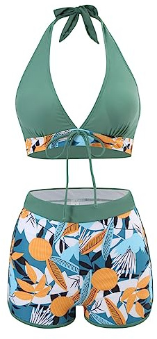 Women's Two-Piece Ladies Tankini Swimsuit - Shorts Split Push Up Swimsuit Floral Print Tummy Control Bathing (XL, Green)